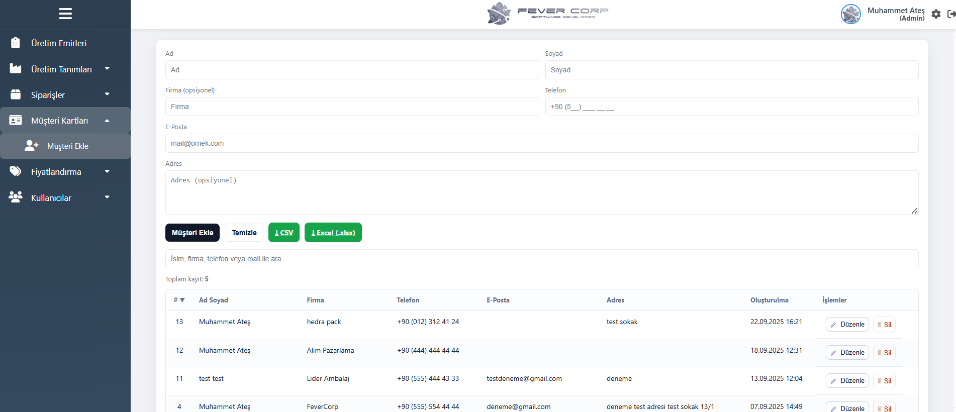 Müşteri kartı ekranı